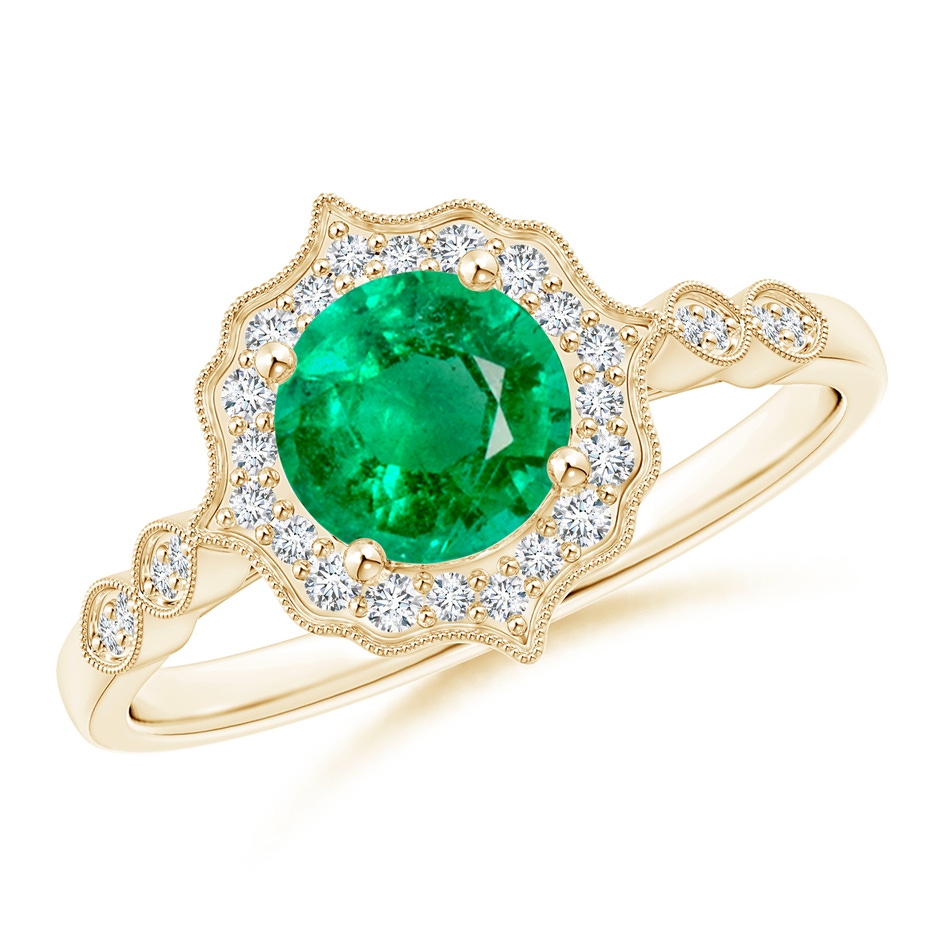 6mm AAA Vintage Inspired Round Emerald Ring with Ornate Halo in Yellow Gold 