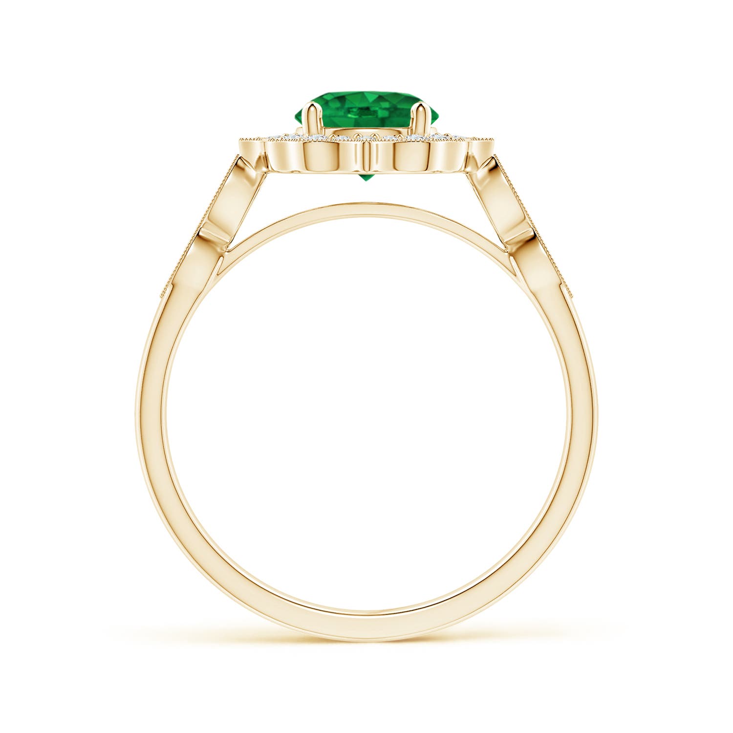 6mm AAA Vintage Inspired Round Emerald Ring with Ornate Halo in Yellow Gold