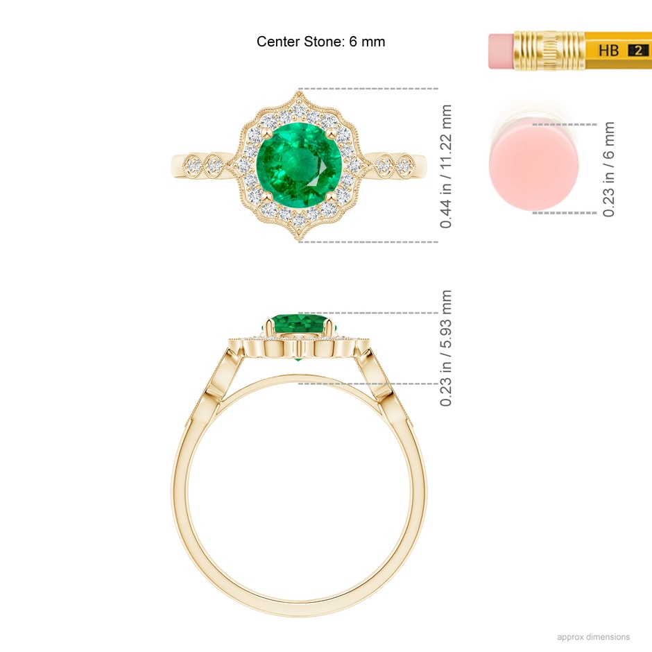 6mm AAA Vintage Inspired Round Emerald Ring with Ornate Halo in Yellow Gold ruler