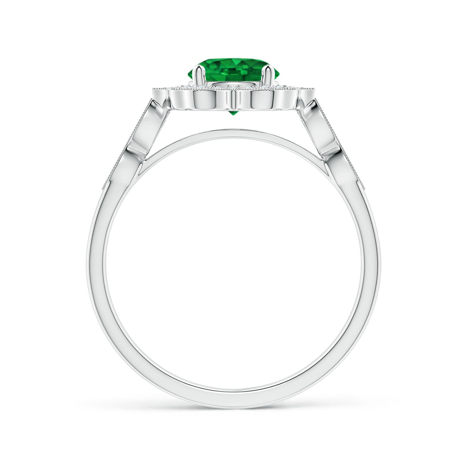 6mm AAAA Vintage Inspired Round Emerald Ring with Ornate Halo in P950 Platinum