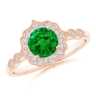 6mm AAAA Vintage Inspired Round Emerald Ring with Ornate Halo in Rose Gold
