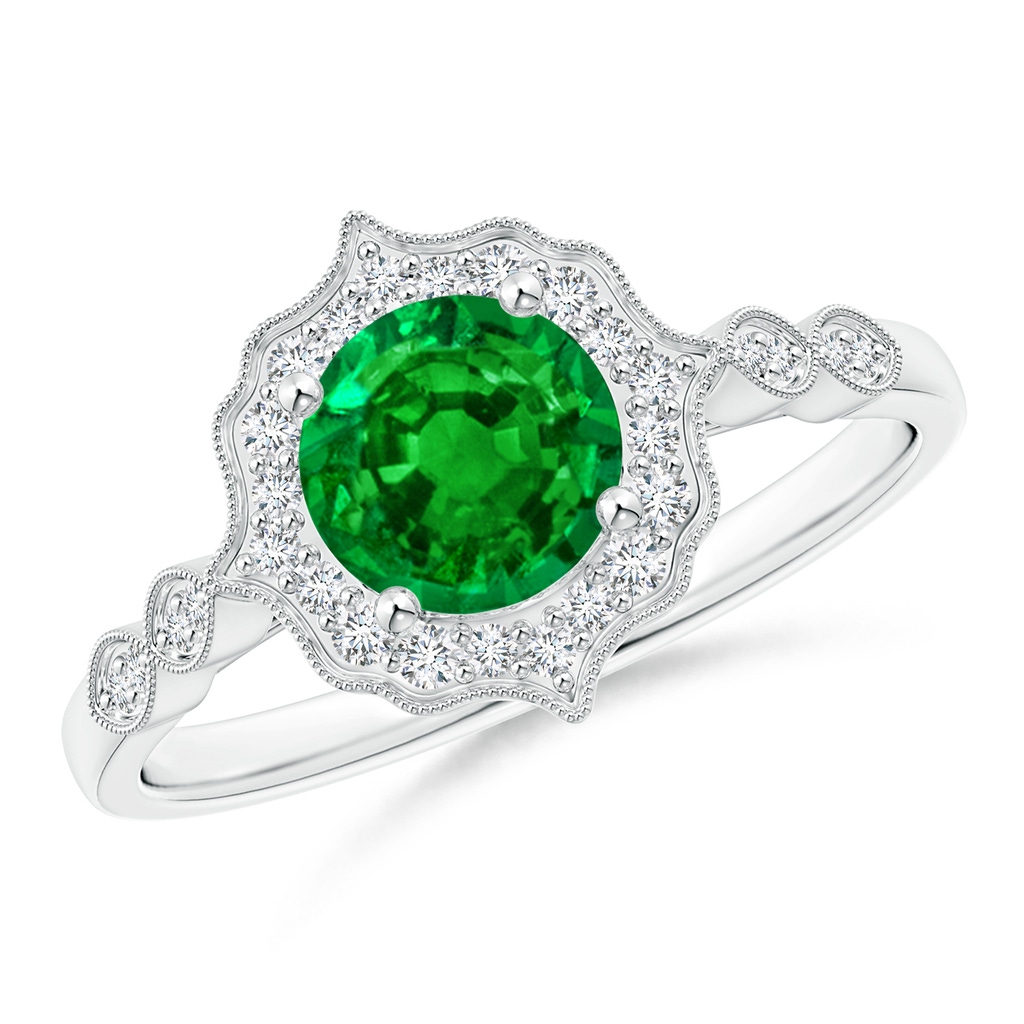 6mm AAAA Vintage Inspired Round Emerald Ring with Ornate Halo in White Gold