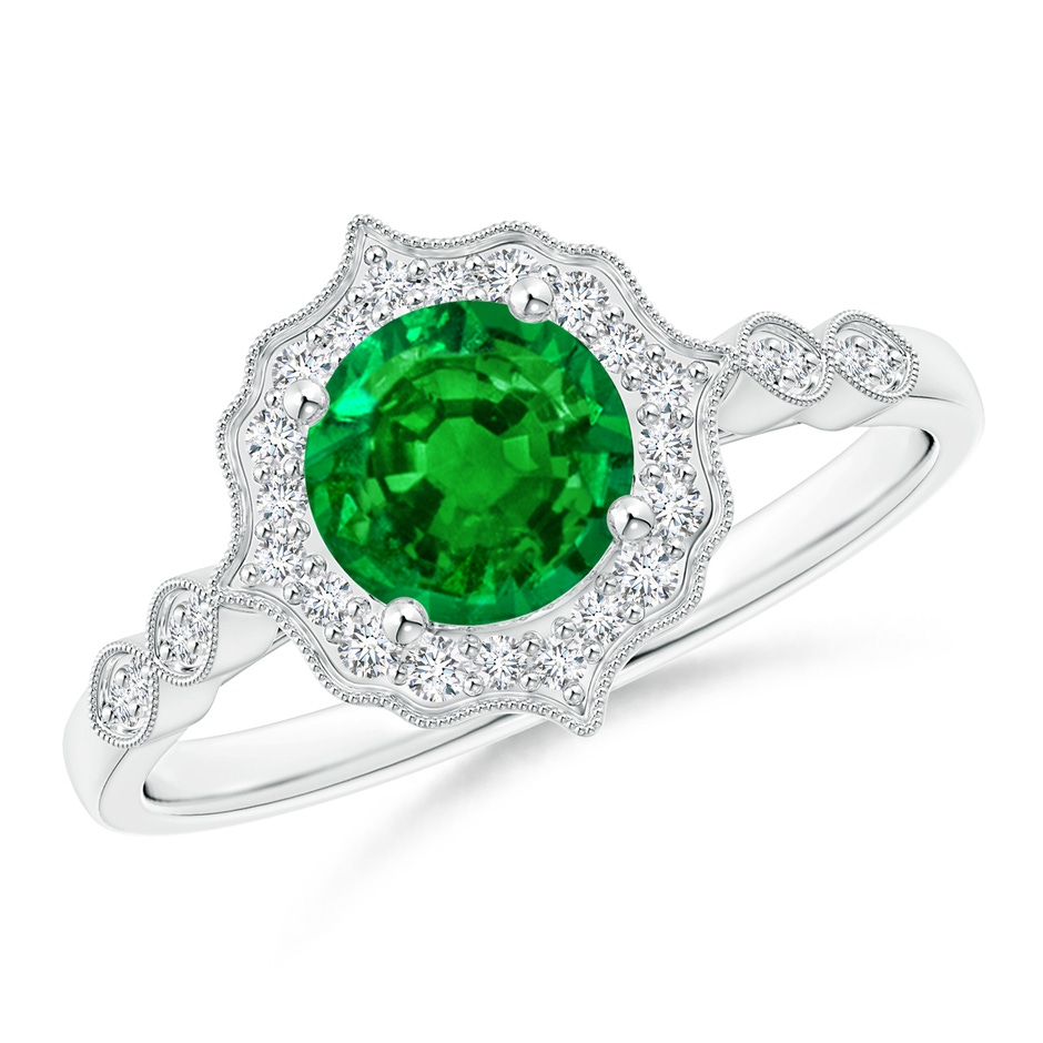 6mm AAAA Vintage Inspired Round Emerald Ring with Ornate Halo in White Gold 