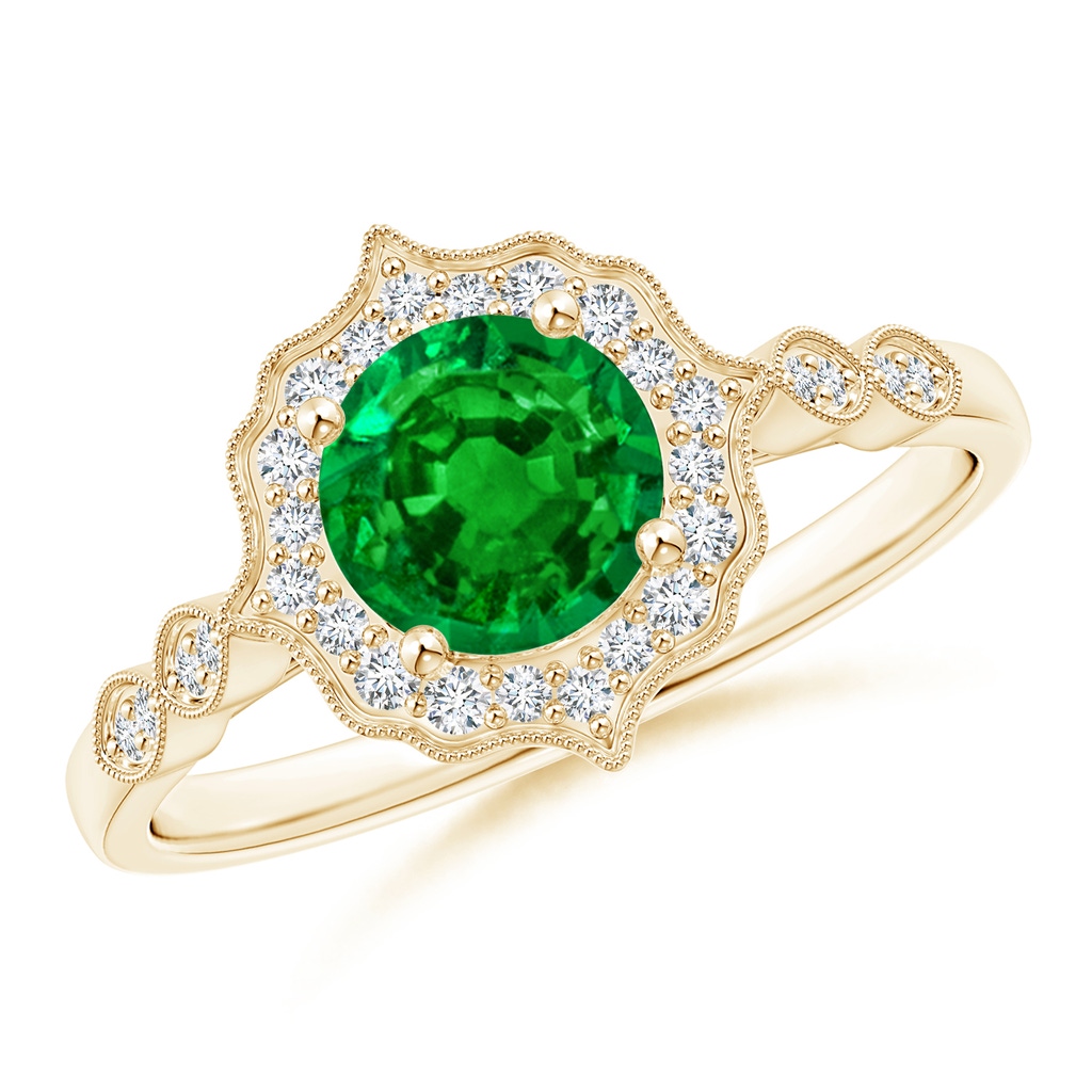 6mm AAAA Vintage Inspired Round Emerald Ring with Ornate Halo in Yellow Gold
