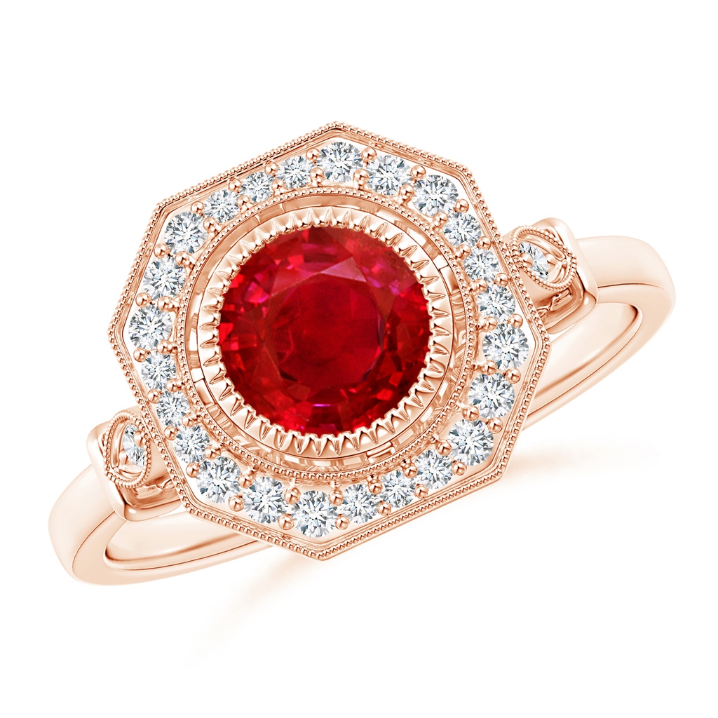 6mm AAA Ruby and Diamond Octagonal Halo Ring with Milgrain in Rose Gold
