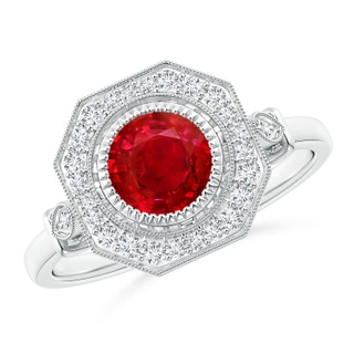 6mm AAA Ruby and Diamond Octagonal Halo Ring with Milgrain in White Gold