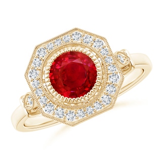 6mm AAA Ruby and Diamond Octagonal Halo Ring with Milgrain in Yellow Gold