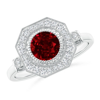 6mm AAAA Ruby and Diamond Octagonal Halo Ring with Milgrain in White Gold