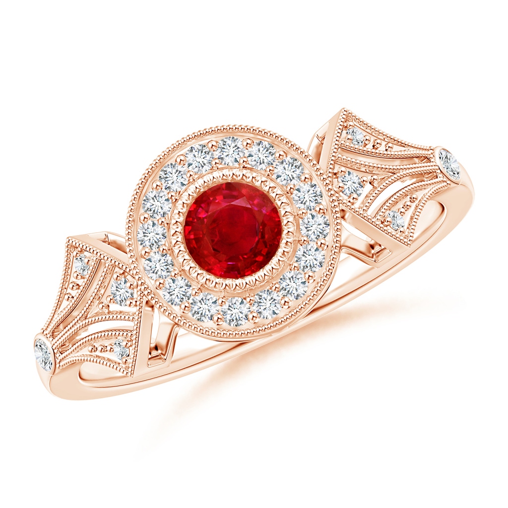 4mm AAA Ruby and Diamond Halo Engagement Ring with Kite Motifs in Rose Gold
