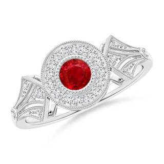 4mm AAA Ruby and Diamond Halo Engagement Ring with Kite Motifs in White Gold