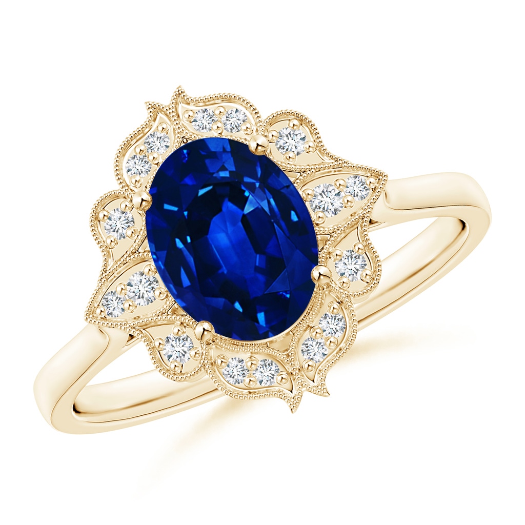 8x6mm AAAA Vintage Style Oval Sapphire Engagement Ring with Floral Halo in Yellow Gold
