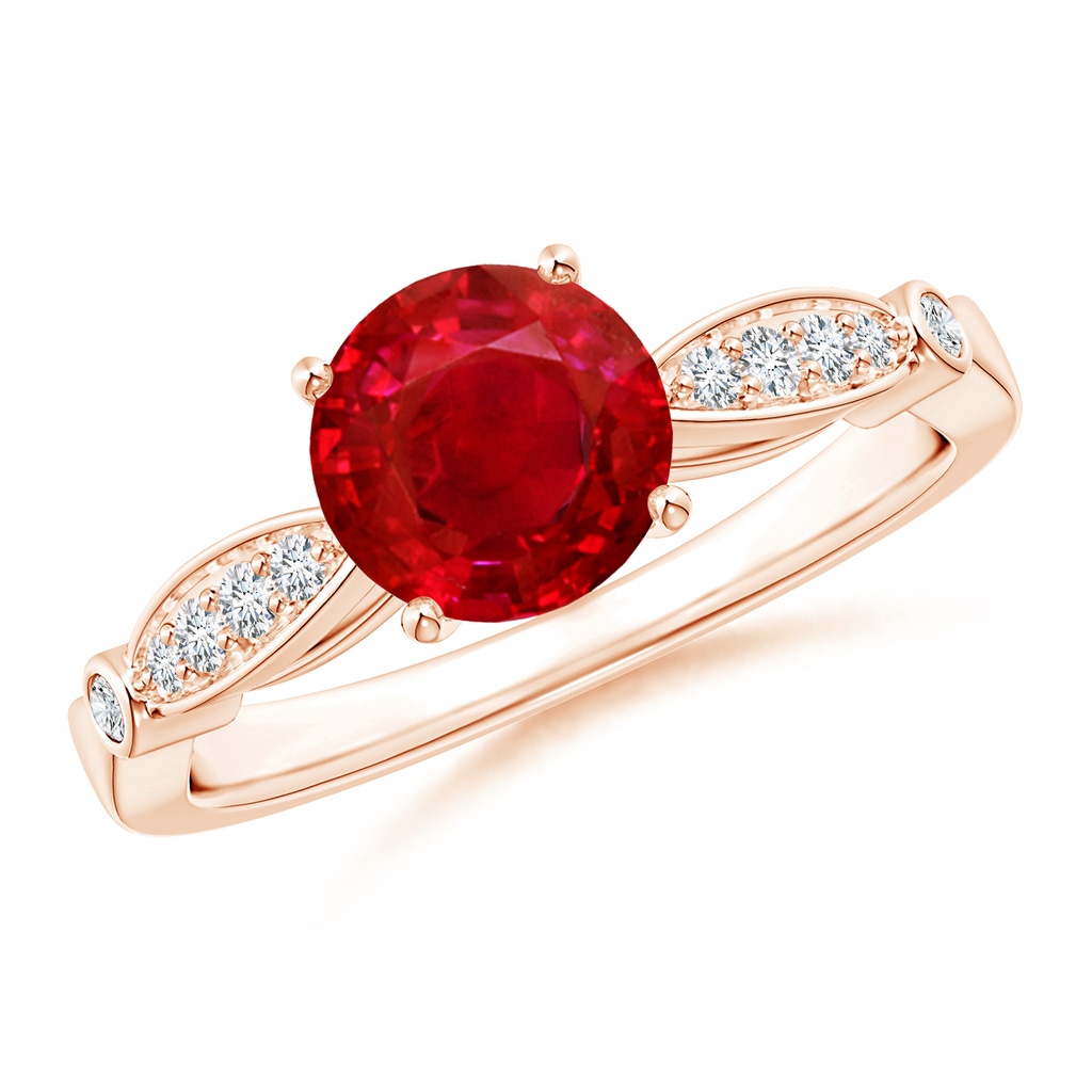 7mm AAA Vintage Style Round Ruby Marquise and Dot Engagement Ring in Rose Gold