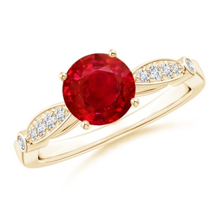 7mm AAA Vintage Style Round Ruby Marquise and Dot Engagement Ring in Yellow Gold