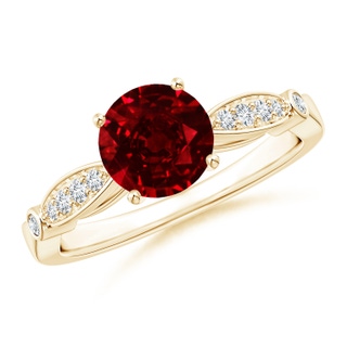 7mm AAAA Vintage Style Round Ruby Marquise and Dot Engagement Ring in Yellow Gold