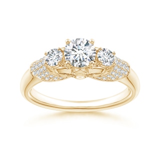 5.1mm GVS2 Three Stone Round Diamond Fleur De Lis Engagement Ring in Yellow Gold