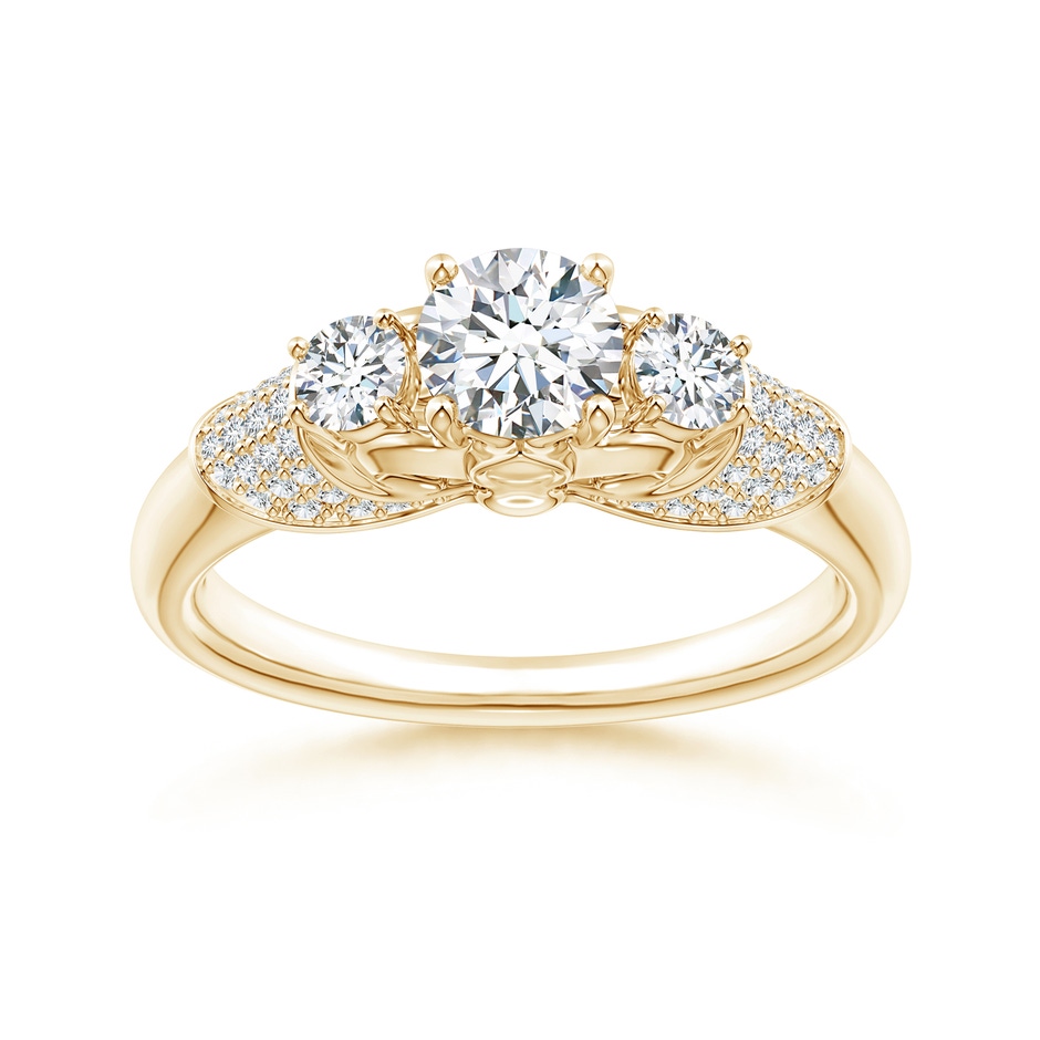 5.1mm GVS2 Three Stone Round Diamond Fleur De Lis Engagement Ring in Yellow Gold 