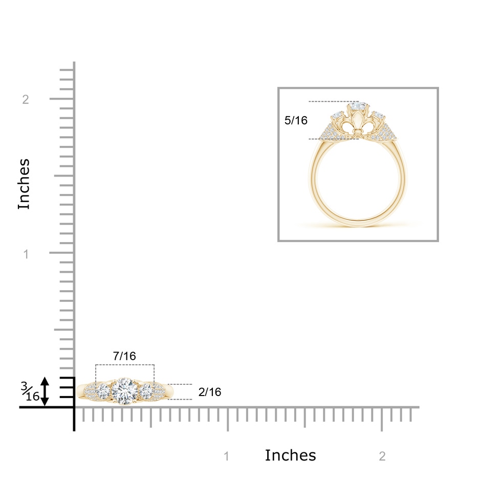 5.1mm GVS2 Three Stone Round Diamond Fleur De Lis Engagement Ring in Yellow Gold ruler