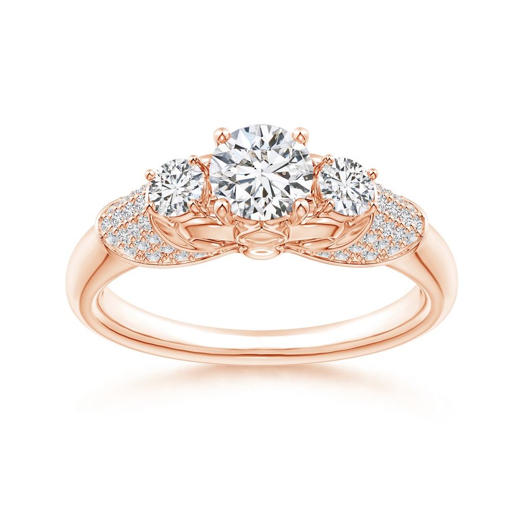 5.1mm HSI2 Three Stone Round Diamond Fleur De Lis Engagement Ring in Rose Gold
