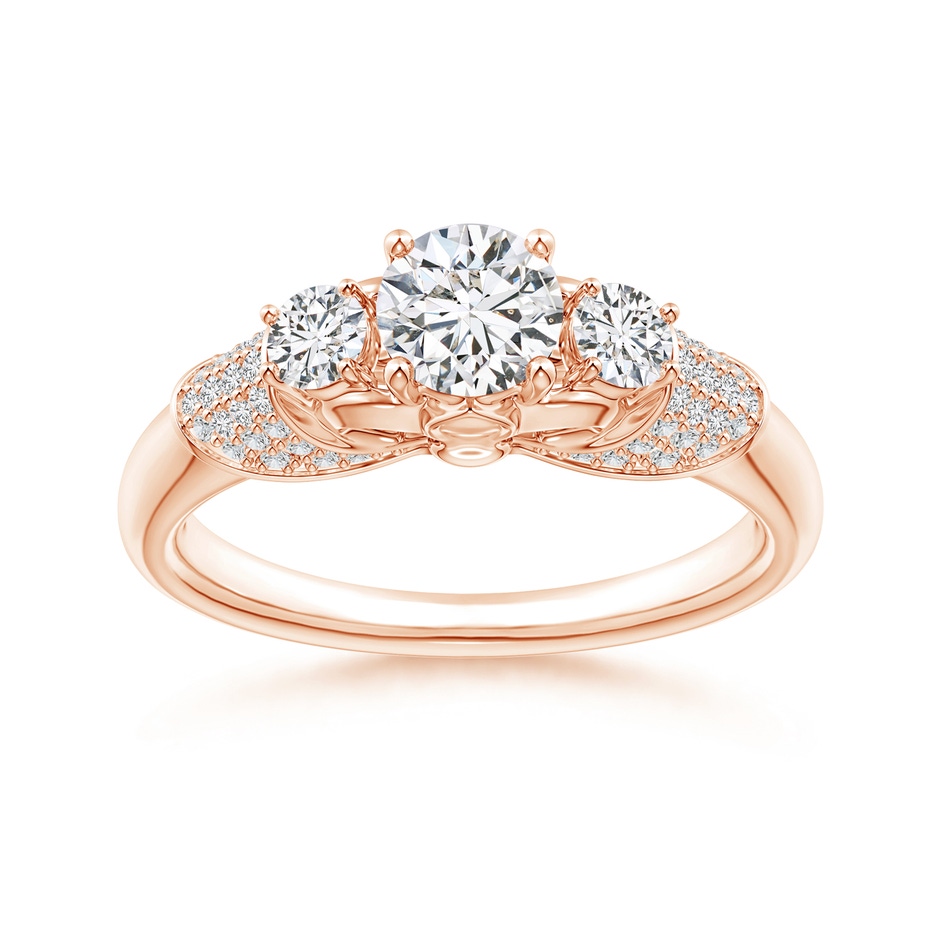 5.1mm HSI2 Three Stone Round Diamond Fleur De Lis Engagement Ring in Rose Gold 