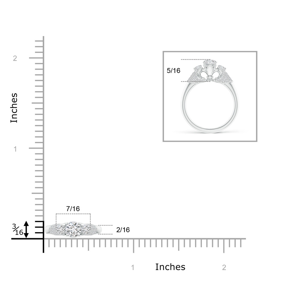 5.1mm HSI2 Three Stone Round Diamond Fleur De Lis Engagement Ring in White Gold ruler