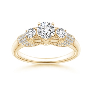 5.1mm HSI2 Three Stone Round Diamond Fleur De Lis Engagement Ring in Yellow Gold
