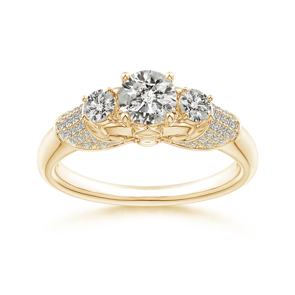 5.1mm KI3 Three Stone Round Diamond Fleur De Lis Engagement Ring in Yellow Gold 