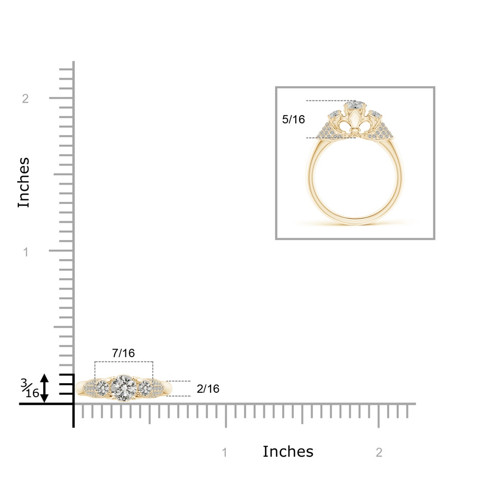 5.1mm KI3 Three Stone Round Diamond Fleur De Lis Engagement Ring in Yellow Gold ruler