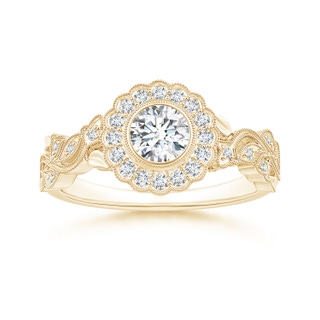 5.1mm GVS2 Bezel-Set Round Diamond Engagement Ring with Floral Halo in Yellow Gold