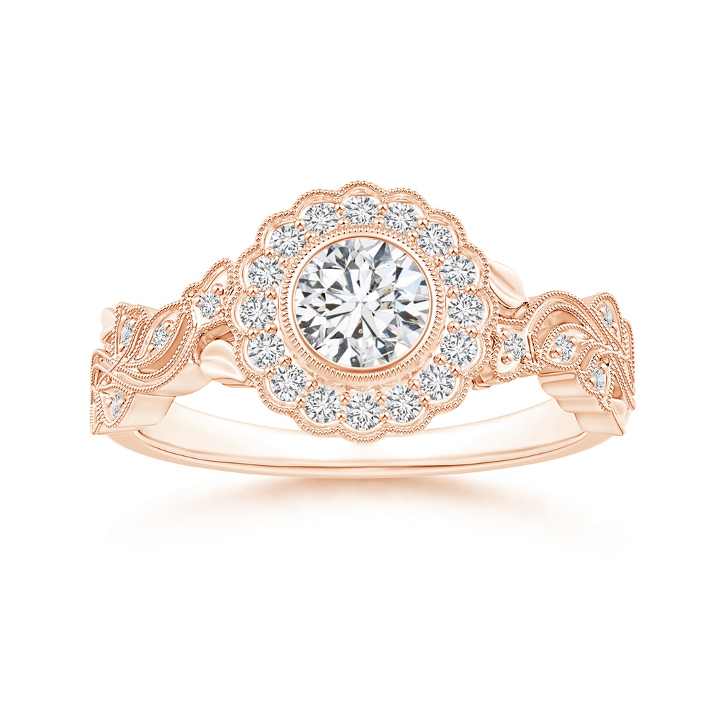 5.1mm HSI2 Bezel-Set Round Diamond Engagement Ring with Floral Halo in Rose Gold 