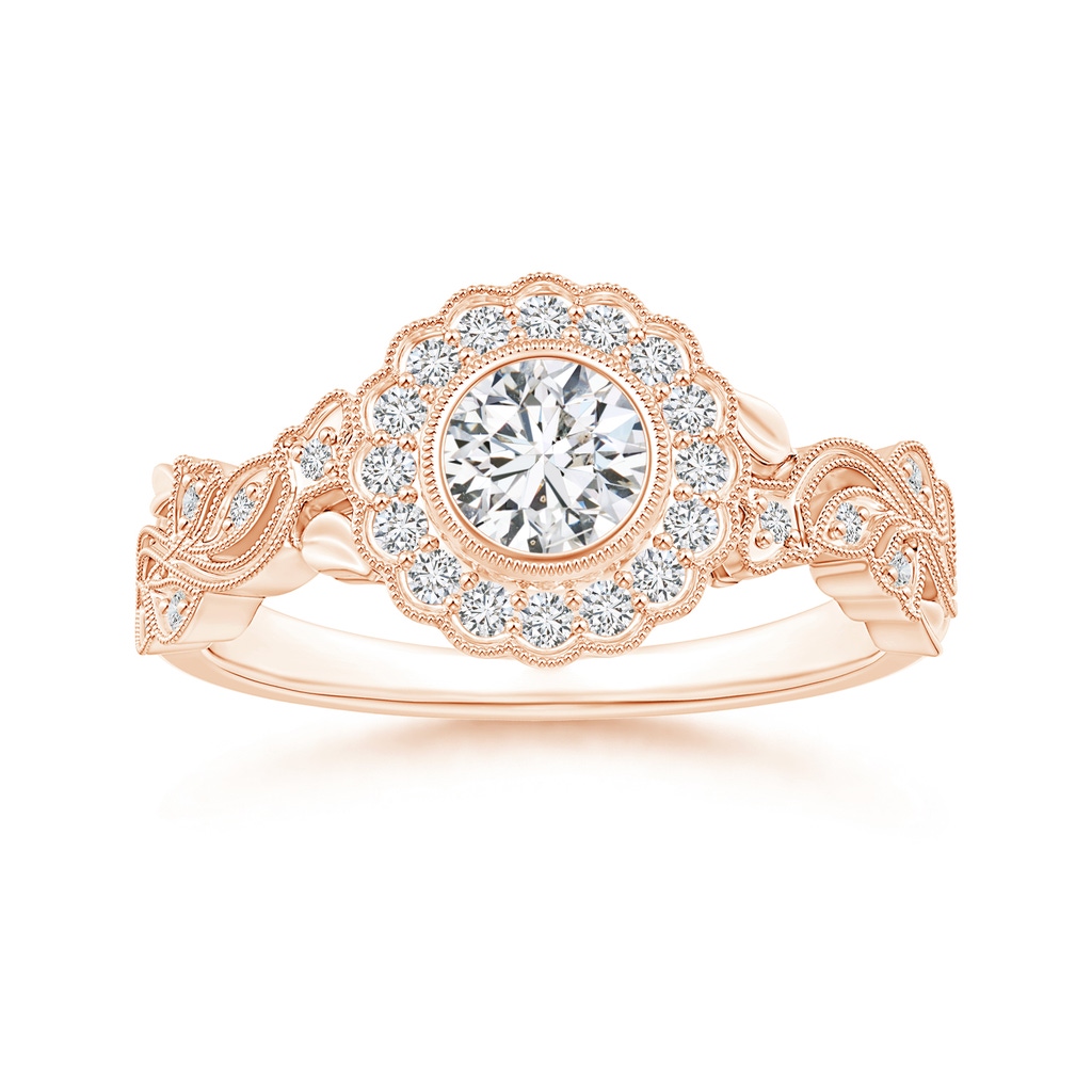 5.1mm HSI2 Bezel-Set Round Diamond Engagement Ring with Floral Halo in Rose Gold