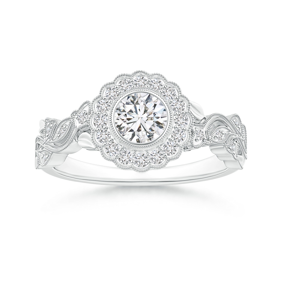 5.1mm HSI2 Bezel-Set Round Diamond Engagement Ring with Floral Halo in White Gold 