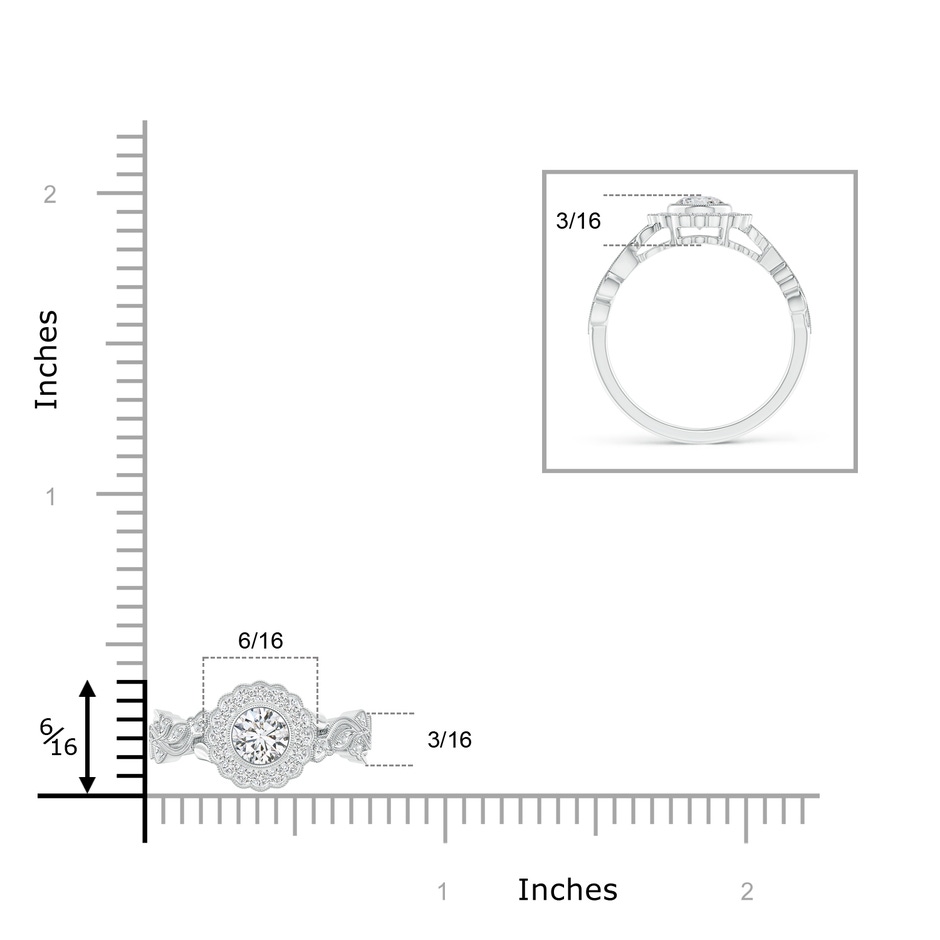 5.1mm HSI2 Bezel-Set Round Diamond Engagement Ring with Floral Halo in White Gold ruler