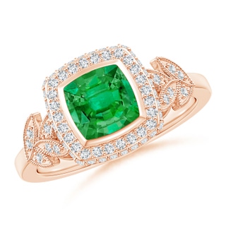 6mm AAA Vintage Inspired Cushion Emerald Halo Ring with Leaf Motifs in Rose Gold