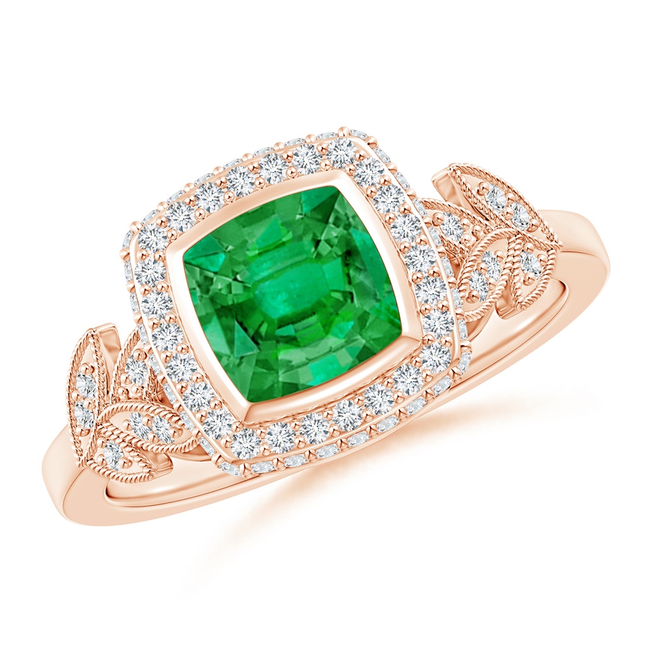 6mm AAA Vintage Inspired Cushion Emerald Halo Ring with Leaf Motifs in Rose Gold 