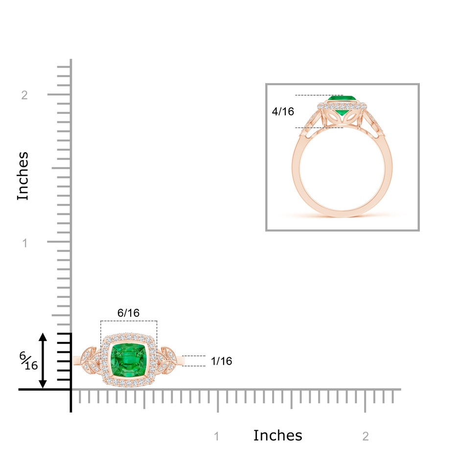 6mm AAA Vintage Inspired Cushion Emerald Halo Ring with Leaf Motifs in Rose Gold product image