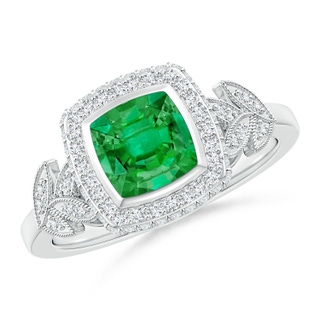 6mm AAA Vintage Inspired Cushion Emerald Halo Ring with Leaf Motifs in White Gold