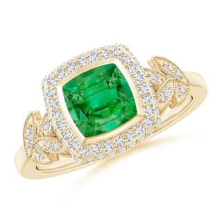 6mm AAA Vintage Inspired Cushion Emerald Halo Ring with Leaf Motifs in Yellow Gold