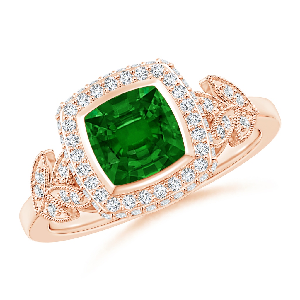 6mm AAAA Vintage Inspired Cushion Emerald Halo Ring with Leaf Motifs in Rose Gold