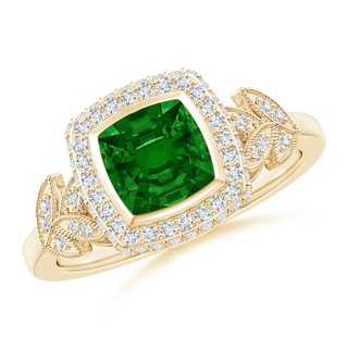 6mm AAAA Vintage Inspired Cushion Emerald Halo Ring with Leaf Motifs in Yellow Gold