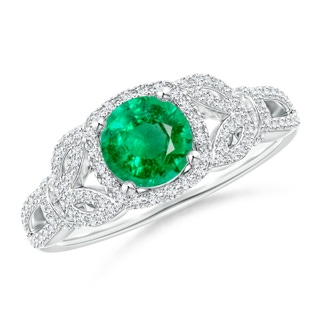 6mm AAA Vintage Style Emerald and Diamond Leaf Ring with Filigree in White Gold