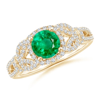 6mm AAA Vintage Style Emerald and Diamond Leaf Ring with Filigree in Yellow Gold
