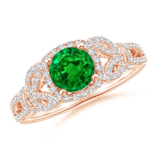 6mm AAAA Vintage Style Emerald and Diamond Leaf Ring with Filigree in Rose Gold