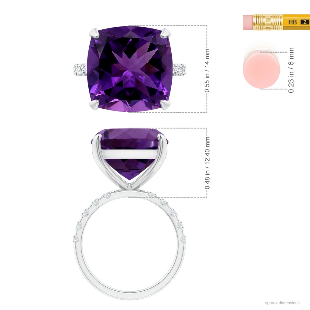 14.12x14.06x9.27mm AAAA Two Tone GIA Certified Cushion Amethyst Ring with Diamonds in White Gold ruler