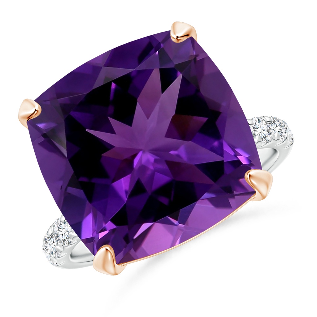 14.12x14.06x9.27mm AAAA Two Tone GIA Certified Cushion Amethyst Ring with Diamonds in White Gold Rose Gold