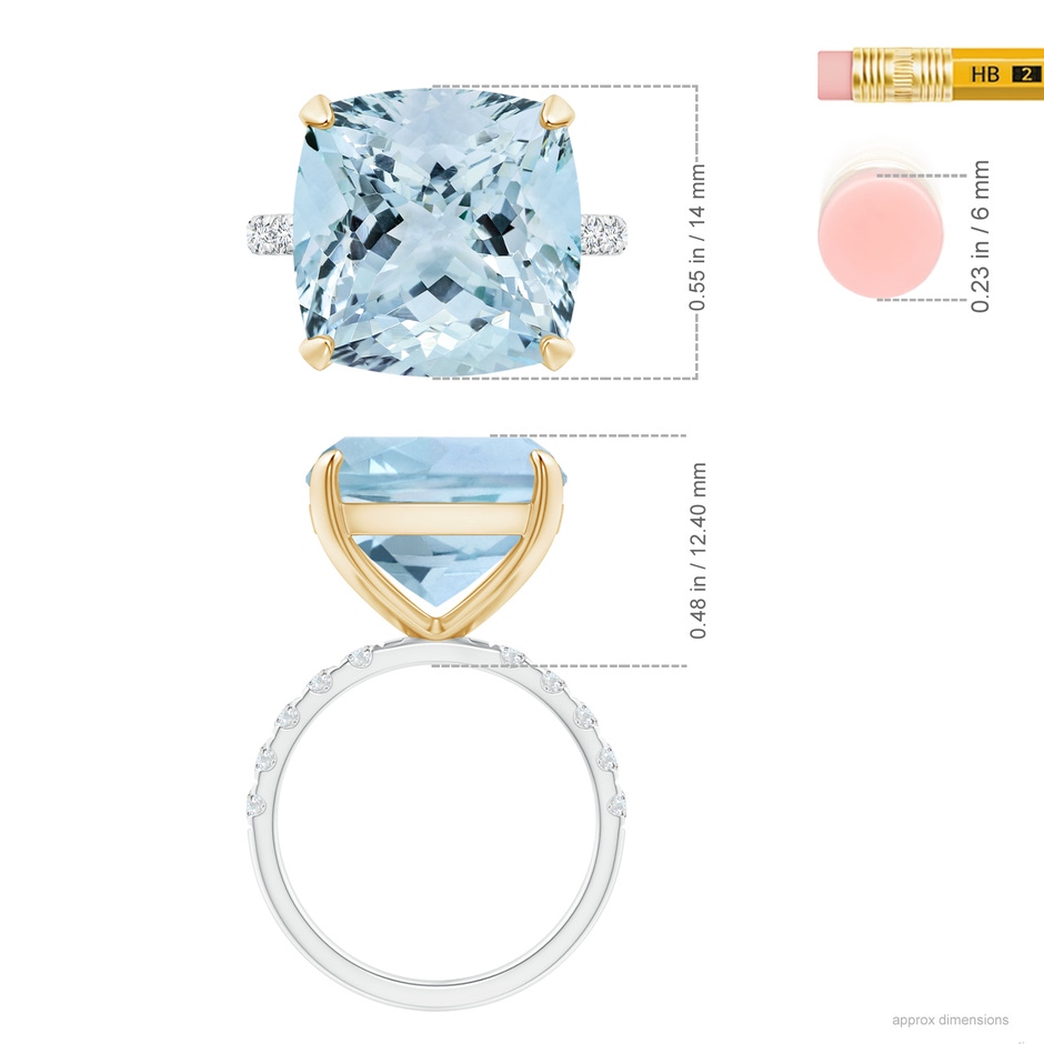 13.99x13.95x8.79mm AAA GIA Certified Two Tone Cushion Aquamarine Ring with Diamonds in 18K White Gold 18K Yellow Gold ruler