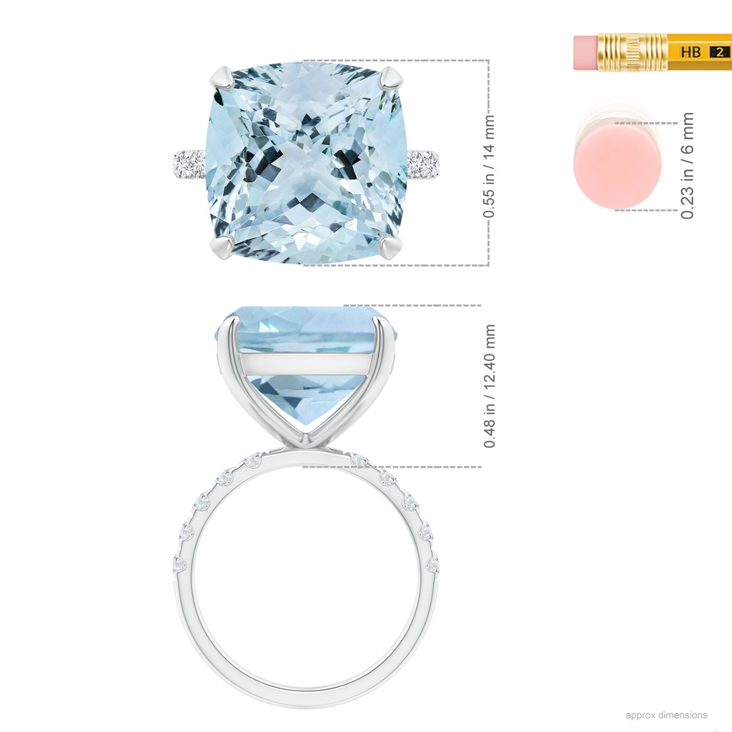 13.99x13.95x8.79mm AAA GIA Certified Two Tone Cushion Aquamarine Ring with Diamonds in White Gold ruler