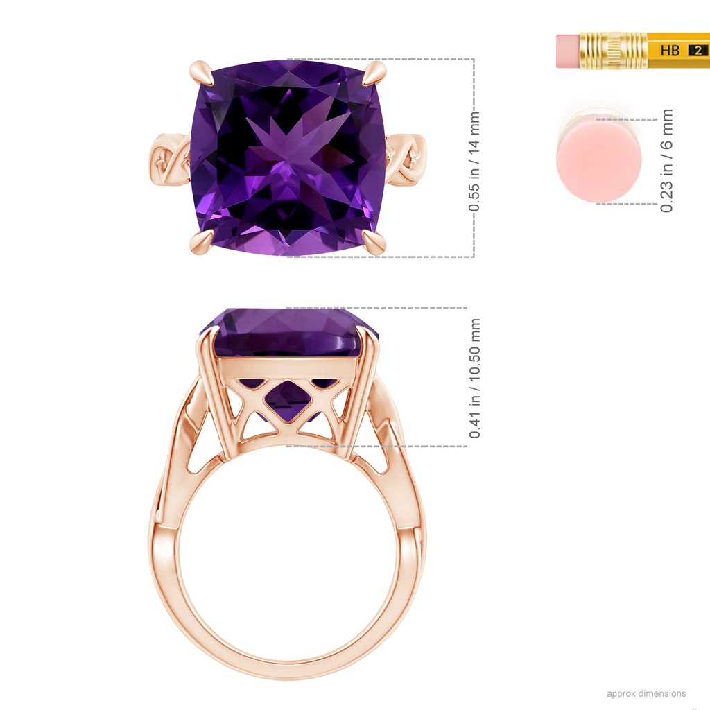 14.12x14.06x9.27mm AAAA Claw-Set GIA Certified Cushion Amethyst Crossover Ring in 18K Rose Gold ruler