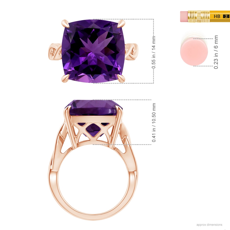 14.12x14.06x9.27mm AAAA Claw-Set GIA Certified Cushion Amethyst Crossover Ring in 9K Rose Gold ruler