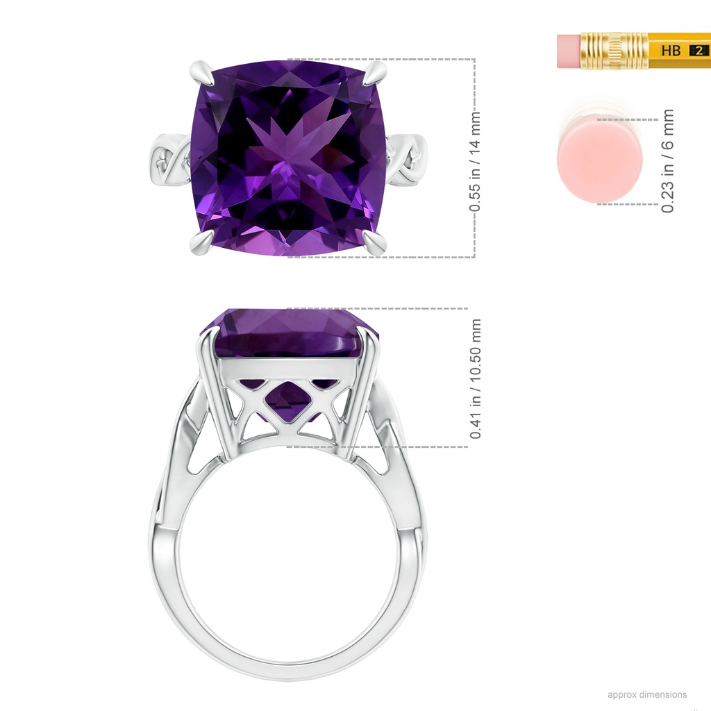 14.12x14.06x9.27mm AAAA Claw-Set GIA Certified Cushion Amethyst Crossover Ring in White Gold ruler