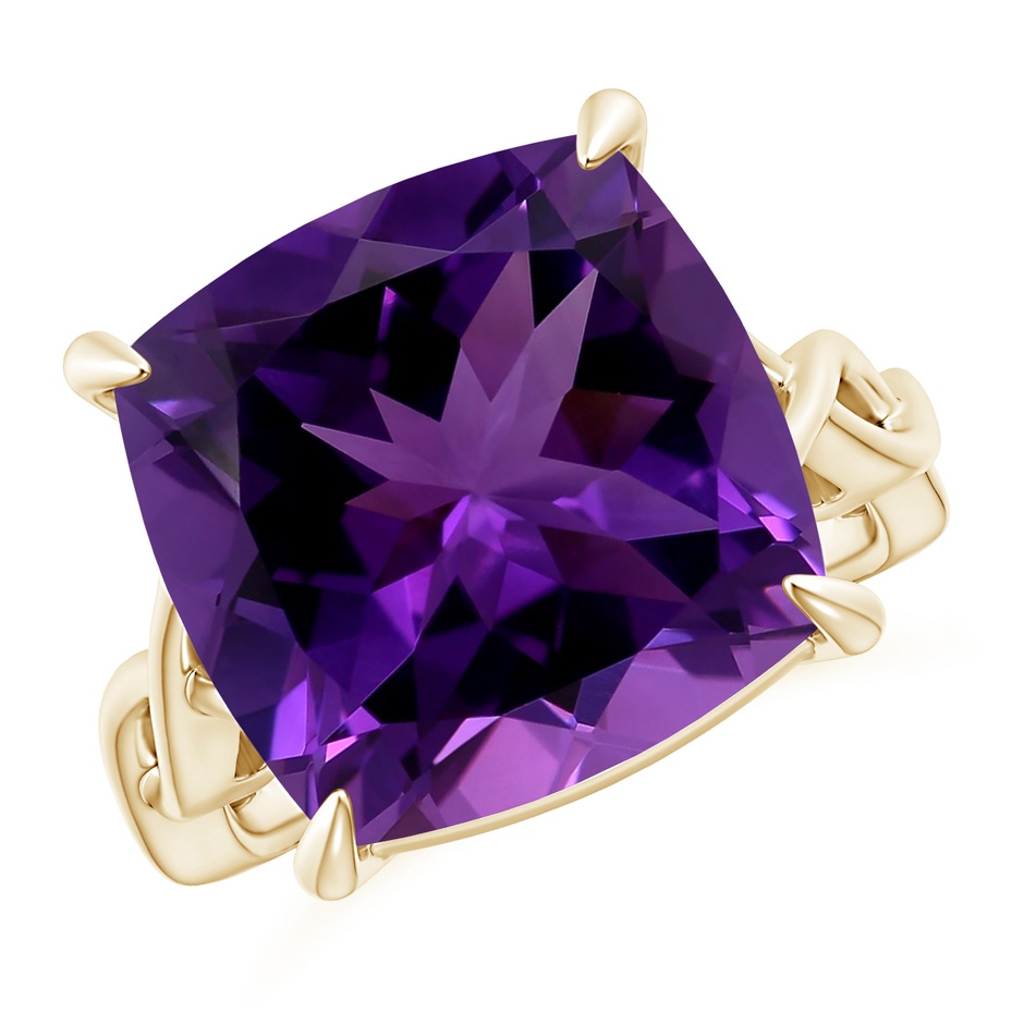 14.12x14.06x9.27mm AAAA Claw-Set GIA Certified Cushion Amethyst Crossover Ring in Yellow Gold 